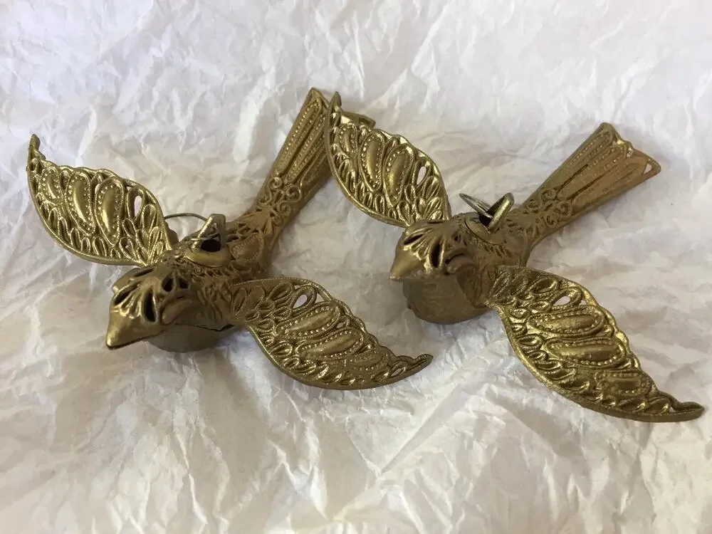 Vintage Pair Max Eckardt Italy Gold Plastic Filigree Birds Christmas Ornaments